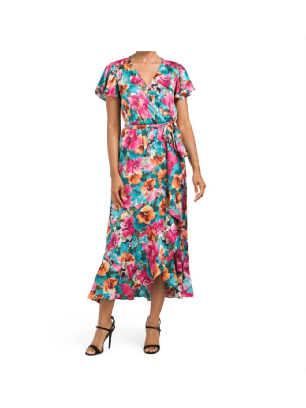 Nicole Miller Floral Satin Wrap Dress Womens XL Teal Pink High Low Ruffle
